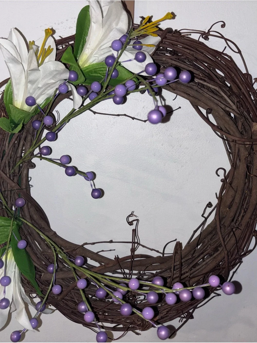 White Lily and Purple Berry Grapevine Wreath - Home Holiday Decor